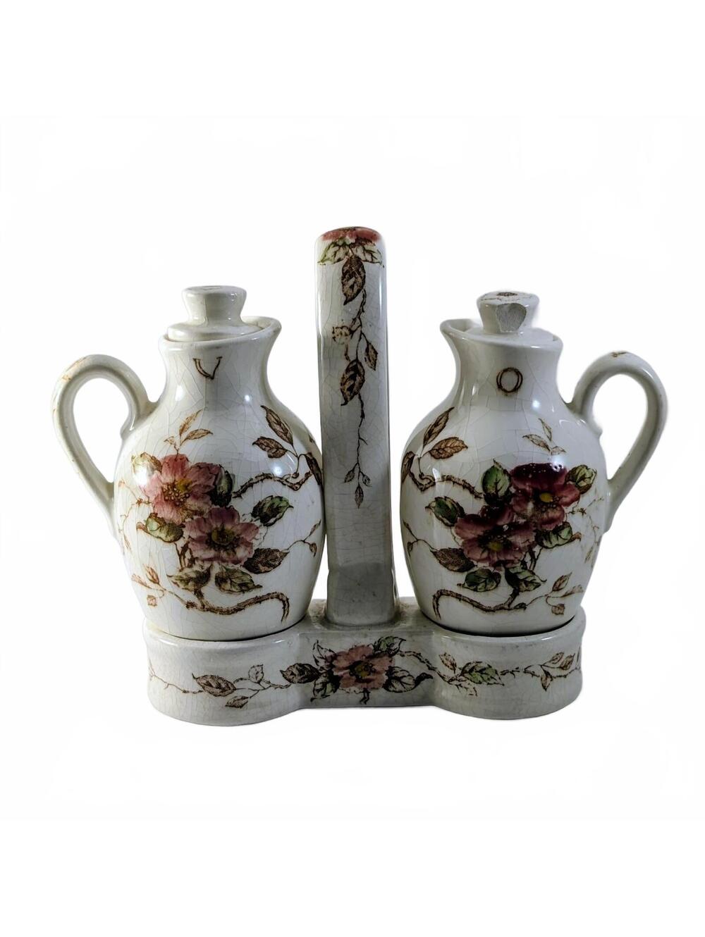 1940s Nasco Springtime China Oil & Vinegar Cruet Set w/ Holder